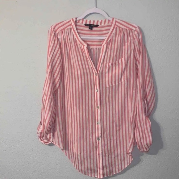 Zac & Rachel Pink and White Striped Button Down Tie Top Sz Medium - Picture 10 of 11